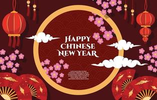 Flower Lantern Fan Cloud Happy Chinese New Year Celebration Greeting Card vector