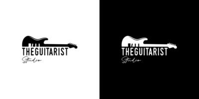 vintage, hipster, retro, logo de guitarra de arte lineal, vector de diseño de logo de música