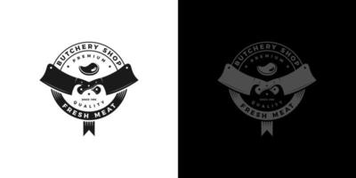 emblema retro vintage, insignia, etiqueta, logotipo de carnicería de pegatinas con icono de cuchillo y carne vector