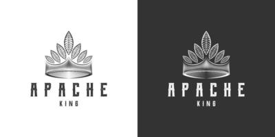 american indian, native chief, crown with feather, vintage line art logo design vector