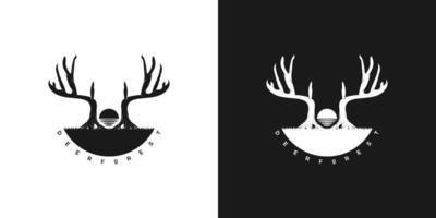 deer antlers forming tree with sunset in vintage style. deer forest logo design vector