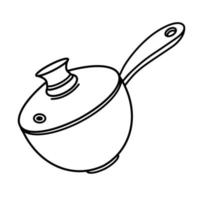 Stewpan vector icon. Hand-drawn illustration isolated on white background. Metal kitchen tool with glass lid, long handle. A saucepan for cooking soup, frying vegetables. Monochrome sketch.