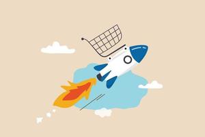 Boost sales and increase profit, achieve sales target or develop business growth, inflation and price concept, shopping cart or trolley on fast rocket booster flying hight in the sky. vector