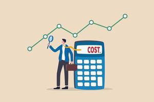 gestión de costos o análisis de gastos, estrategia comercial para analizar y reducir costos para obtener más concepto de ganancias, hombre de negocios inteligente que usa lupa para analizar el gráfico de costos con calculadora. vector