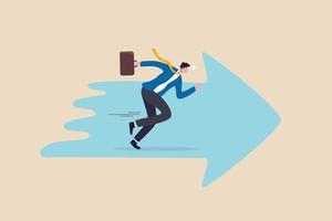Moving forward to achieve success, ambition or motivation to reach business target, career development or work effort concept, confidence ambitious businessman running forward on arrow symbol. vector