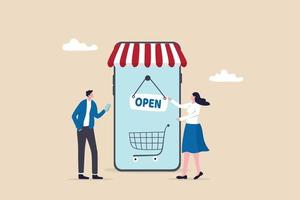 Open online shop or store website for e-commerce to sell product concept, businesswoman flip the open sign on mobile website online store with customer waiting to buy retail products. vector