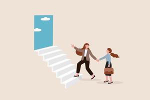 Employee encouragement, manager advice, guidance, stairway to success or new opportunity, career development concept, supportive businesswoman manager encourage employee to step on stair to success. vector