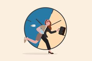 Working mom or mother work life balance, parenting employee or family responsibility concept, busy businesswoman with baby in one hand at home and working briefcase in the other hand with time clock. vector