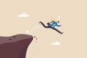 Business dumb, mistake, silly or self sabotage idea, bad decision in risky situation causing business failure concept, dumb thoughtless businessman jump off the cliff killing himself. vector