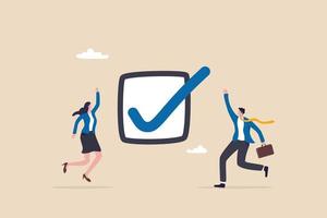 Complete task, accomplishment or project done checklist, success or achievement checkbox, job done concept, happy business people celebrate completed checkmark  after finish responsible project. vector