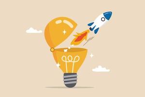 Innovation to launch new idea, entrepreneurship or startup, creativity to begin business or breakthrough idea concept, innovative rocket launch flying high from opening bright lightbulb idea. vector