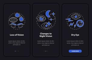 Side effects black onboarding mobile app page screen. Eye surgery aftereffects walkthrough 3 steps graphic instructions with concepts. UI, UX, GUI vector template with linear night mode illustrations