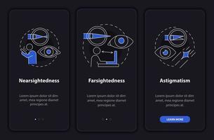 problemas a tratar con la pantalla de la página de la aplicación móvil de incorporación de láser negro. tutorial de proceso 3 pasos instrucciones gráficas con conceptos. ui, ux, plantilla vectorial gui con ilustraciones lineales en modo nocturno vector