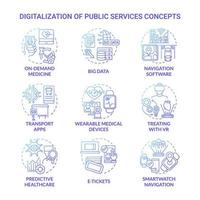 digitalización de los iconos de concepto de degradado azul de servicios públicos establecidos. modernización digital que proporciona diferentes esferas de vida idea ilustraciones en color de línea delgada. dibujos de contorno aislados vectoriales vector