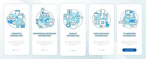 los productos de distribución eligen sugerencias para incorporar la pantalla de la página de la aplicación móvil. tutorial al por mayor 5 pasos instrucciones gráficas con conceptos. ui, ux, plantilla vectorial gui con ilustraciones en color lineal vector