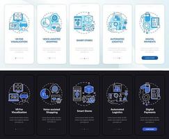 pantalla de la página de la aplicación móvil de incorporación del mercado minorista digital. tutorial de compras instrucciones gráficas de 5 pasos con conceptos. ui, ux, plantilla vectorial gui con ilustraciones lineales en modo día y noche vector