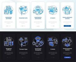 pantalla de la página de la aplicación móvil de incorporación digital de transporte. tutorial de ruta 5 pasos instrucciones gráficas con conceptos. ui, ux, plantilla vectorial gui con ilustraciones lineales en modo día y noche vector