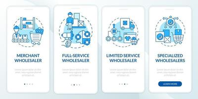 Types of distributors onboarding mobile app page screen. Distribution business walkthrough 5 steps graphic instructions with concepts. UI, UX, GUI vector template with linear color illustrations