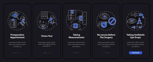 pantalla de la página de la aplicación móvil de incorporación negra de preparación para cirugía ocular. tutorial de procedimiento 5 pasos instrucciones gráficas con conceptos. ui, ux, plantilla vectorial gui con ilustraciones lineales en modo nocturno vector