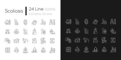 Scoliosis linear icons set for dark and light mode. Scoliosis stages and types. Spinal bones deformation. Customizable thin line symbols. Isolated vector outline illustrations. Editable stroke