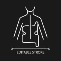 Scoliosis brace white linear icon for dark theme. Spine curve correction. Backbone orthosis. Thin line customizable illustration. Isolated vector contour symbol for night mode. Editable stroke