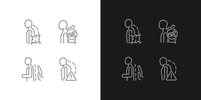 Spinal problems linear icons set for dark and light mode. Backbone diseases and traumas. Pathologic scoliosis. Customizable thin line symbols. Isolated vector outline illustrations. Editable stroke