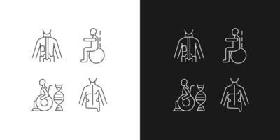 métodos de prevención de escoliosis iconos lineales establecidos para modo oscuro y claro. Corrección de la curvatura de la columna. símbolos de línea fina personalizables. ilustraciones aisladas de contorno vectorial. trazo editable vector