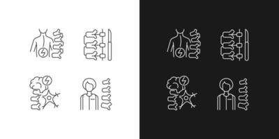 Spinal column disorders linear icons set for dark and light mode. Scoliosis. Neuromuscular disability. Customizable thin line symbols. Isolated vector outline illustrations. Editable stroke