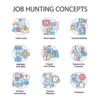 Job hunting concept icons set. Attracting talents idea thin line color illustrations. Human resource. Writing cv. Apply for position. Interviewing. Vector isolated outline drawings. Editable stroke