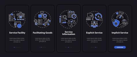 Service characteristics dark onboarding mobile app page screen. Operation management walkthrough 5 steps graphic instructions with concepts. UI, UX, GUI vector template with night mode illustrations