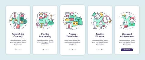 Preparing for job interview onboarding mobile app page screen. Practice walkthrough 5 steps graphic instructions with concepts. UI, UX, GUI vector template with linear color illustrations