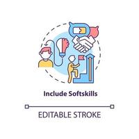 Include softskills concept icon. Writing cv abstract idea thin line illustration. Highlight communication skills in resume. Teamwork ability. Vector isolated outline color drawing. Editable stroke