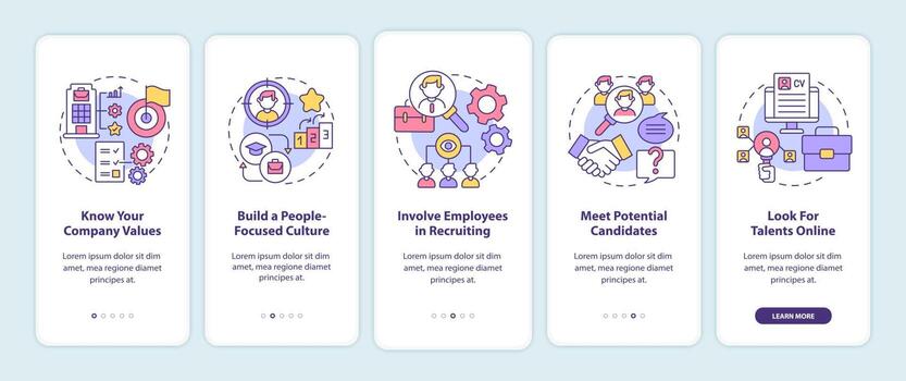 Attracting top clients onboarding mobile app page screen. Employees hunting walkthrough 5 steps graphic instructions with concepts. UI, UX, GUI vector template with linear color illustrations