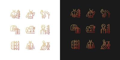 Scoliosis causes gradient icons set for dark and light mode. Spine disorder. Spinal correction. Thin line contour symbols bundle. Isolated vector outline illustrations collection on black and white
