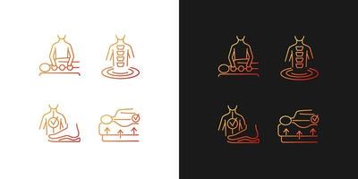 Spine problems prevention gradient icons set for dark and light mode. Orthopedic spine mattress. Thin line contour symbols bundle. Isolated vector outline illustrations collection on black and white