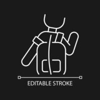 Incorrect use white linear icon for dark theme. Scoliosis cause. Backpack wearing wrong way. Thin line customizable illustration. Isolated vector contour symbol for night mode. Editable stroke
