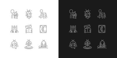 Scoliosis diagnostics linear icons set for dark and light mode. Spinal bones problems. Correction methods. Customizable thin line symbols. Isolated vector outline illustrations. Editable stroke