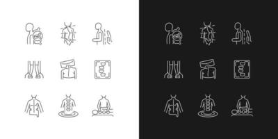 Scoliosis diagnostics linear icons set for dark and light mode. Spinal bones problems. Correction methods. Customizable thin line symbols. Isolated vector outline illustrations. Editable stroke