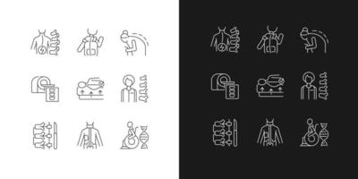 Scoliosis causes linear icons set for dark and light mode. Spine disorder. Spinal column surgical correction. Customizable thin line symbols. Isolated vector outline illustrations. Editable stroke