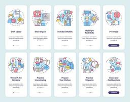 Job hunting onboarding mobile app page screen set. Cv and interview walkthrough 5 steps graphic instructions with concepts. UI, UX, GUI vector template with linear color illustrations