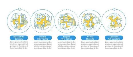 Plantilla infográfica vectorial de preparación de entrevistas de trabajo. elementos de diseño de esquema de presentación. visualización de datos con 5 pasos. gráfico de información de la línea de tiempo del proceso. diseño de flujo de trabajo con iconos de línea vector