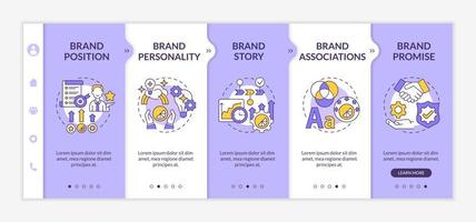 Key brand elements onboarding vector template. Responsive mobile website with icons. Web page walkthrough 5 step screens. Marketing strategies color concept with linear illustrations