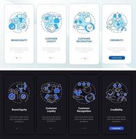 Branding benefits dark and light onboarding mobile app page screen. Business walkthrough 4 steps graphic instructions with concepts. UI, UX, GUI vector template with night and day mode illustrations