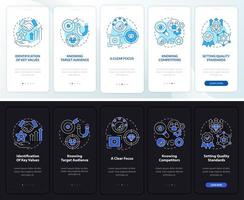 Good brand dark and light onboarding mobile app page screen. Business walkthrough 5 steps graphic instructions with concepts. UI, UX, GUI vector template with night and day mode illustrations