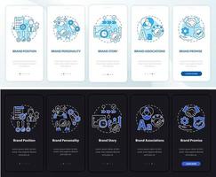 Key brand elements dark and light onboarding mobile app page screen. Business walkthrough 5 steps graphic instructions with concepts. UI, UX, GUI vector template with night and day mode illustrations