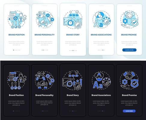 Key brand elements dark and light onboarding mobile app page screen. Business walkthrough 5 steps graphic instructions with concepts. UI, UX, GUI vector template with night and day mode illustrations