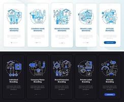 Branding strategies dark and light onboarding mobile app page screen. Business walkthrough 5 steps graphic instructions with concepts. UI, UX, GUI vector template with night and day mode illustrations