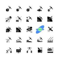 Satellites types black glyph icons set on white space. Celestial bodies observation, exploration system. Telecommunications network connection. Silhouette symbols. Vector isolated illustration