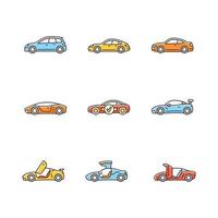 Conjunto de iconos de color rgb de modelos de coches deportivos. Diseños de puertas no estándar. Experiencia de conducción a alta velocidad. vehículos orientados al rendimiento. ilustraciones vectoriales aisladas. colección de dibujos de líneas rellenas simples vector