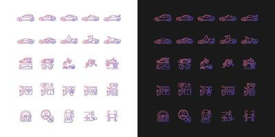 Auto racing gradient icons set for dark and light mode. Advanced automotive technology. Thin line contour symbols bundle. Isolated vector outline illustrations collection on black and white